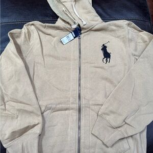 Ralph Lauren Beige Zip-Up Hoodie with Navy Polo Logo